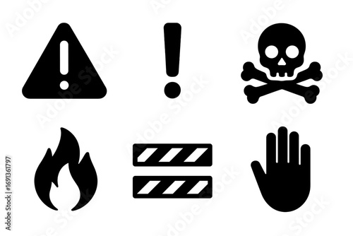 Reckless Behavior Icons. Solid, filled icon set of reckless behavior signs: warning triangle, exclamation mark, skull, crossed