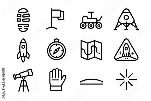 Exploration Icons Grid. Outline icon set of exploration symbols shaping identity: boot print, planted flag, rover, lander, rocket,