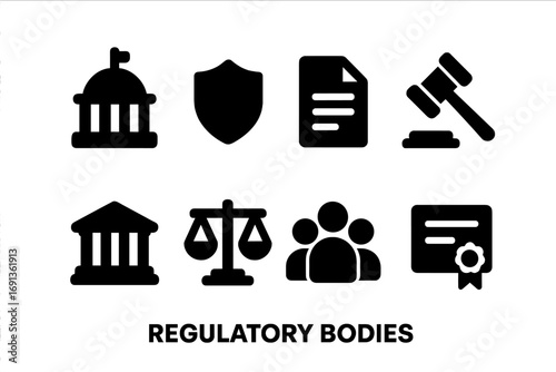 Regulatory Icons Set. Solid, filled icon set of regulatory bodies: government building, shield, document, gavel, scales of justice