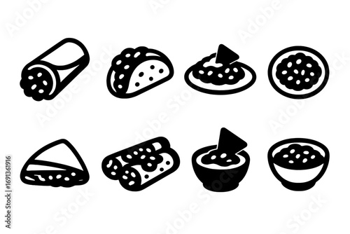 Refried Beans Icon Set. Solid, filled icon set of refried beans dishes: burrito, taco, nachos, tostada, quesadilla, enchilada, dip