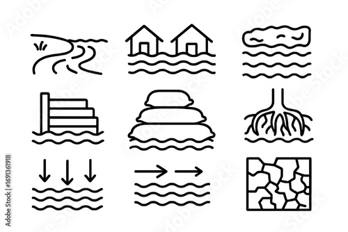 Floodplain Icon Set. Outline icon set of floodplain landscapes: river overflow, submerged houses, mud, flood