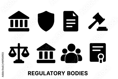 Regulatory Icons Set. Solid, filled icon set of regulatory bodies: government building, shield, document, gavel, scales of justice
