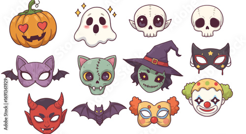 Cute Halloween characters and masks illustrations.