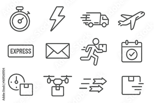 Express Delivery Icons. Outline icon set of express delivery: stopwatch, lightning bolt symbol, high-speed truck, fast airplane,