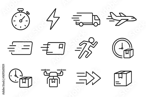 Express Delivery Icons. Outline icon set of express delivery: stopwatch, lightning bolt symbol, high-speed truck, fast airplane,