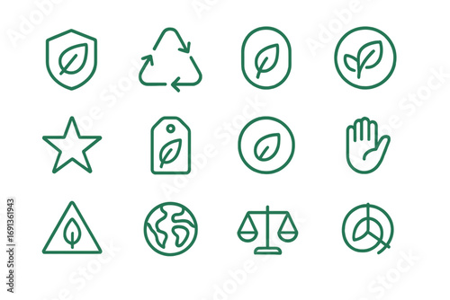 Eco-Friendly Icon Set. Outline icon set of green product labels: leaf badge, recycle arrow, eco text, natural