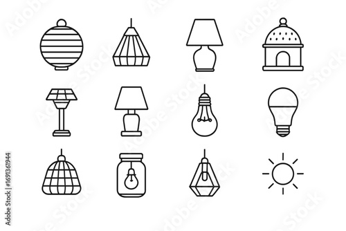 Eco Lighting Icons. Outline icon set of eco lighting design: paper lantern, bamboo lamp, recycled glass lamp,