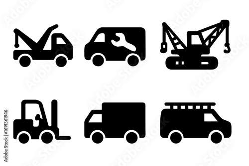 Repair Vehicle Icons. Solid, filled icon set of repair vehicles: tow truck, service van, toolbox truck, crane, forklift, delivery