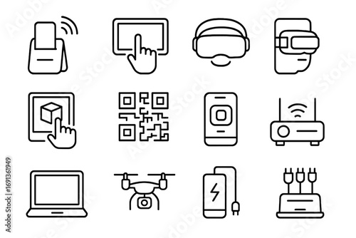 Expo Tech Icon Set. Outline icon set of expo technology: RFID scanner, touch screen monitor, VR headset, AR tablet, QR code,