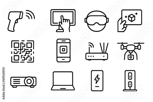 Expo Tech Icon Set. Outline icon set of expo technology: RFID scanner, touch screen monitor, VR headset, AR tablet, QR code,