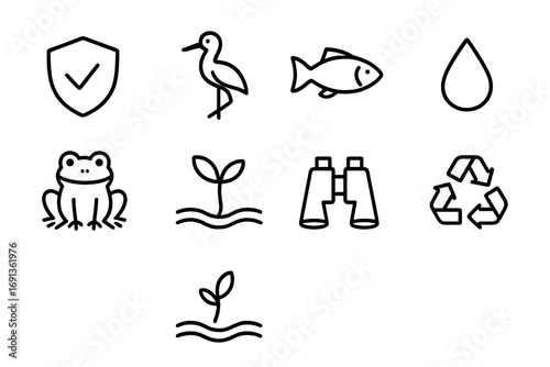 Wetland Conservation Icons. Outline icon set of conservation in wetlands: protected sign, bird, fish, water