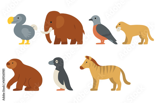 Extinct Animals Grid. Flat vector mini-illustrations Extinct species overview in colors children's illustrations: dodo bird,