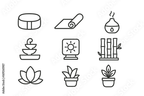 Wellness Icons Grid. Outline icon set of wellness spaces: meditation cushion, yoga mat, aromatherapy diffuser,