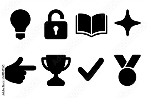 Riddle Solution Icons. Solid, filled icon set of riddle solutions: light bulb, unlocked padlock, open book, shining star, hand