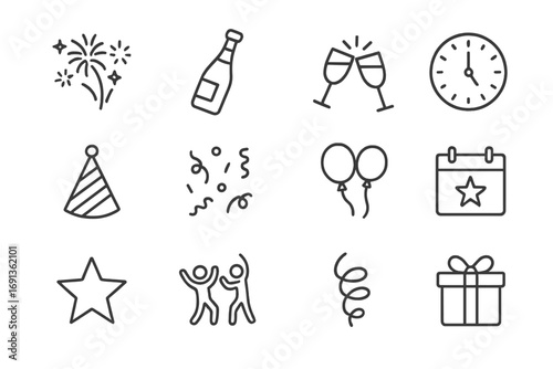 New Year's Icon Set. Outline icon set of New Year’s Eve parties: fireworks, champagne bottle, clinking glasses