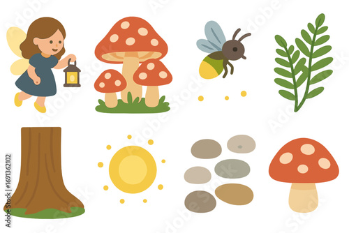 Fairy and Gnome Picnic. Flat vector mini-illustrations Fairy lantern stroll in mushroom grove in colors children's illustrations: