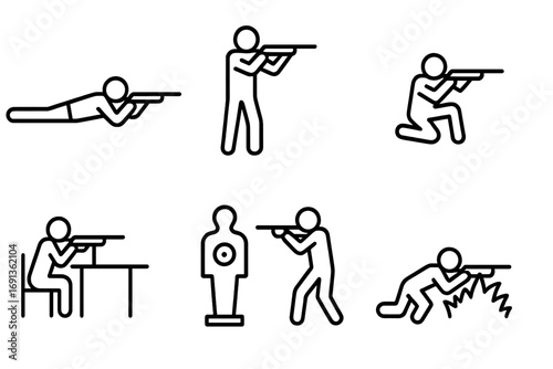 Rifle Shooting Icons. Outline icon set of rifle shooting positions: prone, standing, kneeling, sitting, bench rest, shooting range