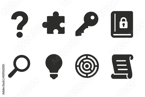 Riddle Icons Grid. Solid, filled icon set of riddle symbols: question mark, puzzle piece, key, locked book, magnifying glass,