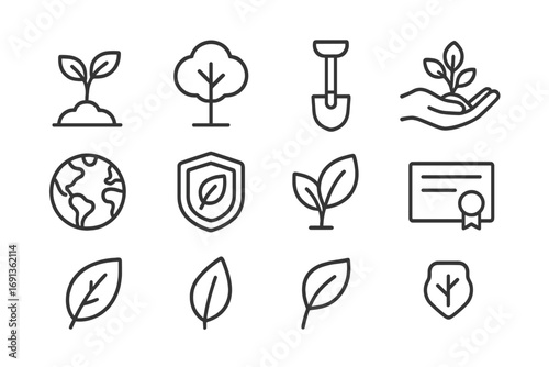 Reforestation Icon Set. Outline icon set of reforestation credits: sapling, tree, shovel, hands planting,