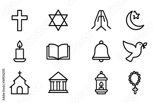 Religious Holiday Icons. Outline icon set of religious holidays: cross, star of David, crescent moon, prayer