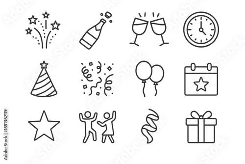 New Year's Icon Set. Outline icon set of New Year’s Eve parties: fireworks, champagne bottle, clinking glasses