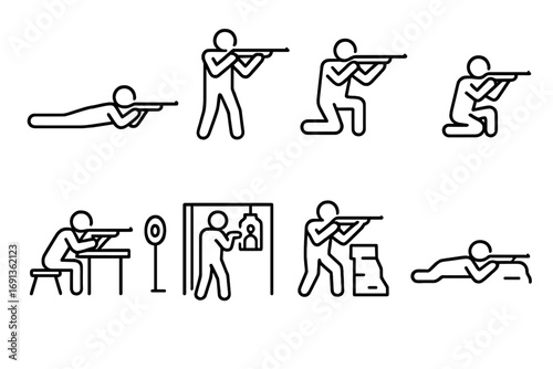 Rifle Shooting Icons. Outline icon set of rifle shooting positions: prone, standing, kneeling, sitting, bench rest, shooting range