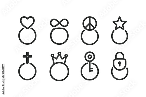 Ring Symbol Icons. Outline icon set of ring symbolism: love heart, infinity symbol, peace sign, star, cross, crown, key, lock.