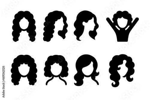 Ringlet Hair Icons. Solid, filled icon set of ringlet hair symbols: beauty, femininity, elegance, freedom, confidence, youth,