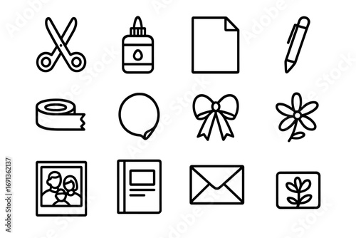 Scrapbook Icon Set. Outline icon set of scrapbook memories: scissors, glue, paper sheet, pen, washi tape,