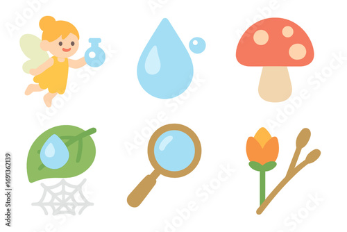 Fairy Dewdrop Gathering. Flat vector mini-illustrations Fairy collecting dewdrops on mushrooms in colors children's illustrations: