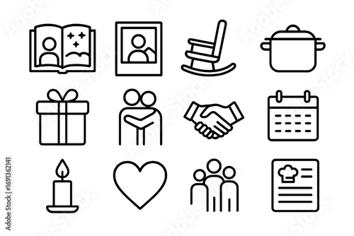 Family Tradition Icons. Outline icon set of family traditions: storytelling book, photo frame, rocking chair,