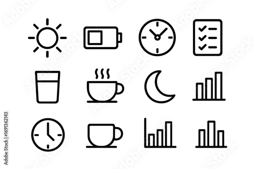 Energy Tracker Icons. Outline icon set of tracking daily energy levels: sun icon, battery symbol, clock,