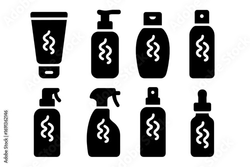 Ringlet Hair Care Icons. Solid, filled icon set of ringlet hair care products: curl cream, mousse, leave-in conditioner, gel, hair