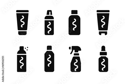 Ringlet Hair Care Icons. Solid, filled icon set of ringlet hair care products: curl cream, mousse, leave-in conditioner, gel, hair