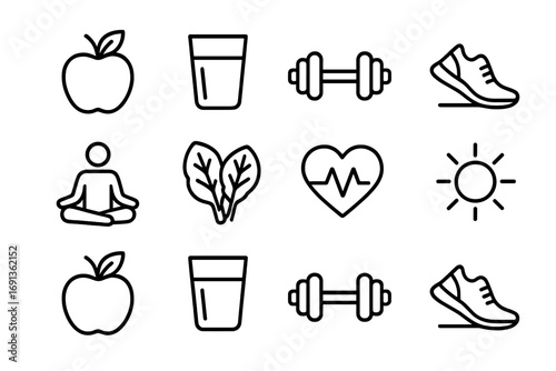 Healthy Habits Icons. Outline icon set of healthy habits for energy: apple, water glass, dumbbell, running