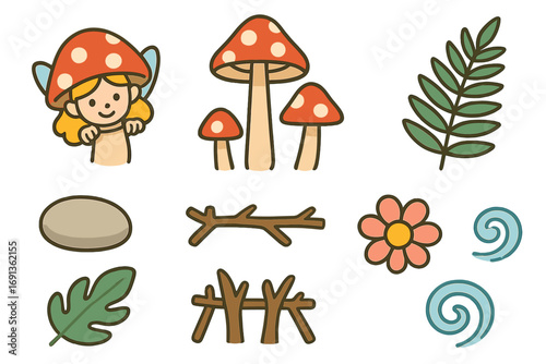 Fairy Hide and Seek. Flat vector mini-illustrations Fairy hide and seek among mushrooms in colors children's illustrations: