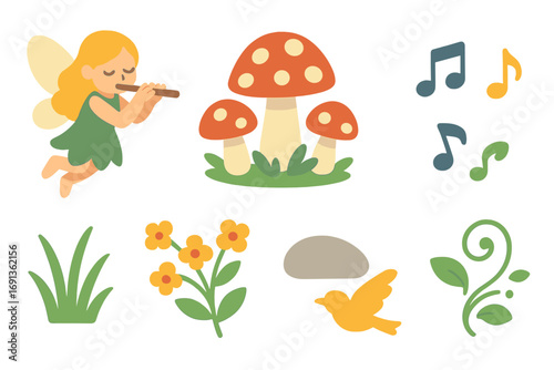 Fairy Flute Serenade. Flat vector mini-illustrations Fairy playing flute by mushrooms in colors children's illustrations: fairy
