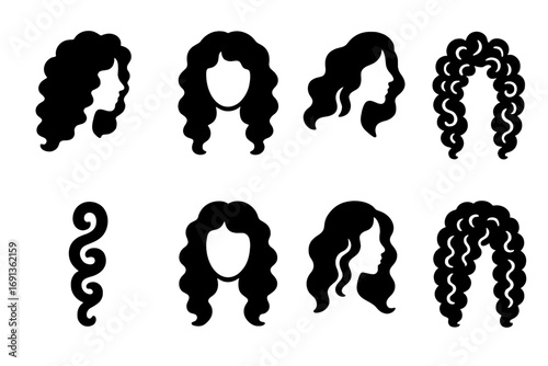 Ringlet Hair Icons. Solid, filled icon set of ringlet hair symbols: beauty, femininity, elegance, freedom, confidence, youth,