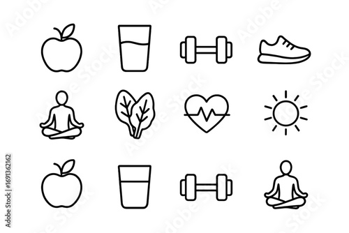 Healthy Habits Icons. Outline icon set of healthy habits for energy: apple, water glass, dumbbell, running