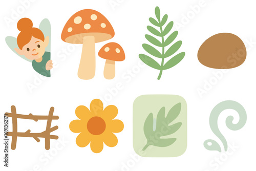 Fairy Hide and Seek. Flat vector mini-illustrations Fairy hide and seek among mushrooms in colors children's illustrations: