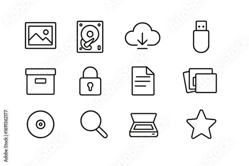 Memory Storage Icons. Outline icon set of memory preservation: photo frame, hard drive, cloud storage, USB