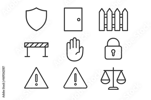 Boundary Icons Grid. Outline icon set of setting boundaries: shield, locked door, fence, line barrier, stop