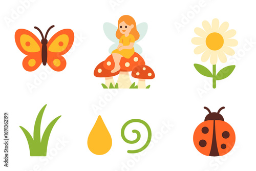Fairy Mushroom Garden. Flat vector mini-illustrations Butterfly and fairy on mushrooms in colors children's illustrations: fairy