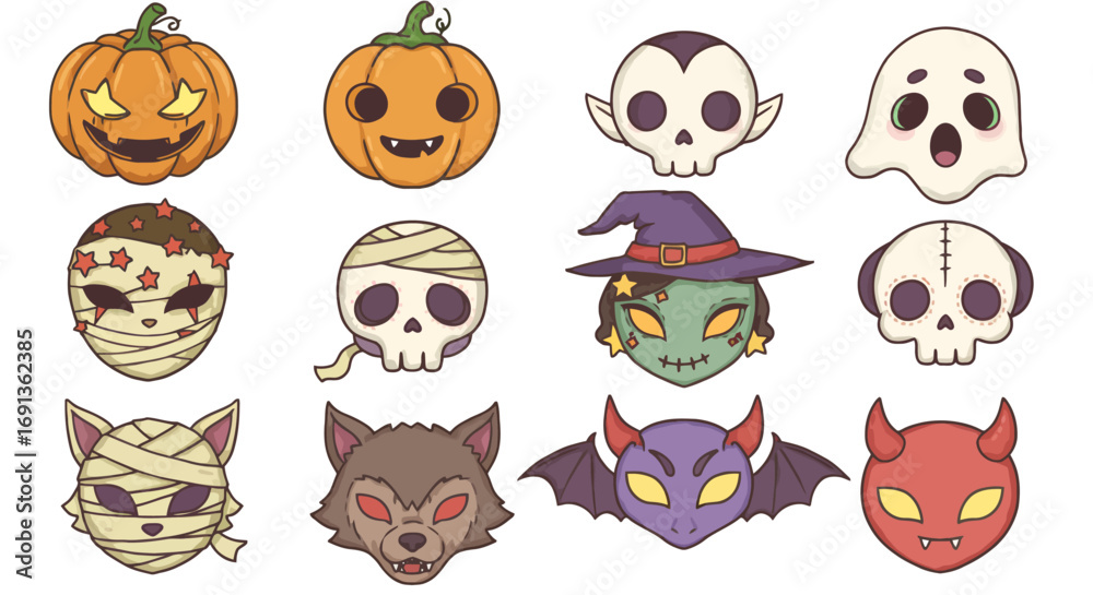 Obraz premium Collection of various Halloween-themed cartoon illustrations featuring pumpkins, skulls, and monsters.