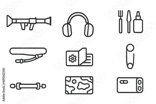 Rocket Launcher Icon Set. Outline icon set of rocket launcher safety and accessories: ear protection, eye goggles, cleaning kit,
