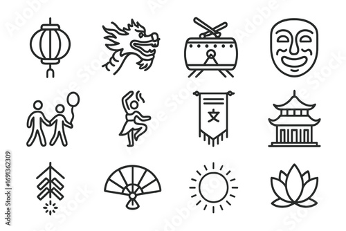 Cultural Festival Icons. Outline icon set of cultural festivals: lantern, dragon, traditional drum, festival