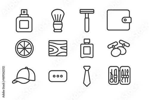 Men's Grooming Icons. Outline icon set of men’s fragrances: cologne bottle, shaving brush, razor, leather