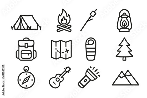 Family Camping Icons. Outline icon set of family camping trips: tent, campfire, marshmallow stick, lantern, backpack, map,