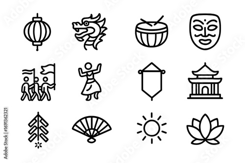 Cultural Festival Icons. Outline icon set of cultural festivals: lantern, dragon, traditional drum, festival