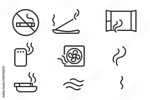 Smoke Reduction Icons. Outline icon set of reducing smoke indoors: no smoking sign, incense stick, candle,